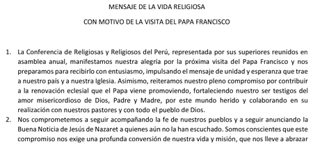 Confer Peru mensaje visita del Papa